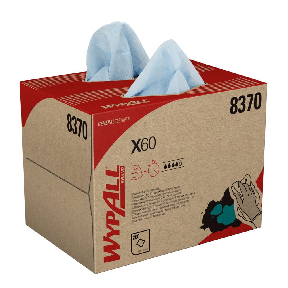 Kimberly-Clark GmbH:n WypAll® X60 General Clean BRAG™ Box sisältää 200 sinistä kertakäyttöpyyhettä (41,80 cm x 28,30 cm) yleiseen puhdistukseen, tuotetietoja ja kuvia pakkauksessa.