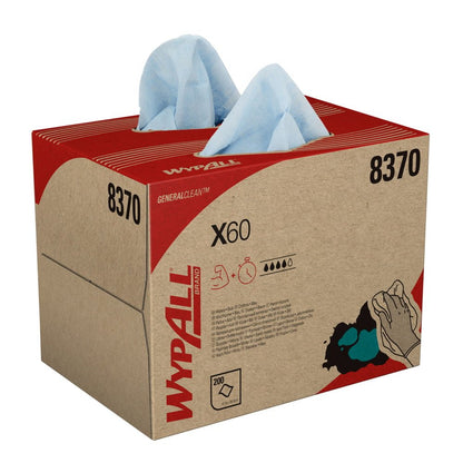 Kimberly-Clark GmbH:n WypAll® X60 General Clean BRAG™ Box sisältää 200 sinistä kertakäyttöpyyhettä (41,80 cm x 28,30 cm) yleiseen puhdistukseen, tuotetietoja ja kuvia pakkauksessa.