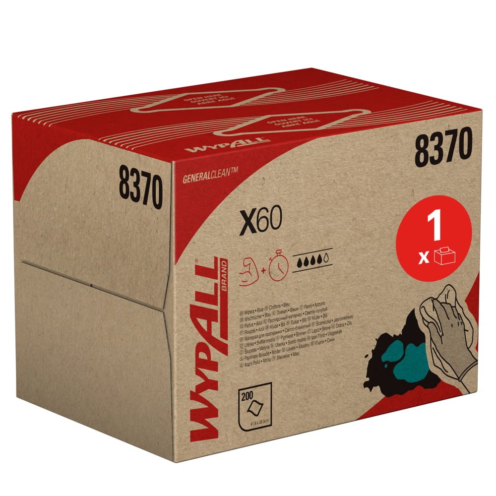 Kimberly-Clark GmbH:n WypAll® X60 General Clean BRAG™ Box (41,80 cm x 28,30 cm) sisältää 200 pyyhettä per laatikko, siinä on käsi- ja vesipisaragrafiikkaa ja se on pakattu punaruskeaan pakkaukseen, joka korostaa monipuolista puhdistusta.
