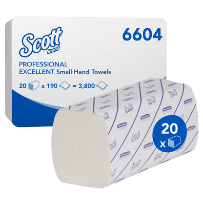 Yksi laatikko Scott® EXCELLENT käsipyyhkeitä - Interfold/Valkoinen/Pieni Kimberly-Clark GmbH:lta sisältää 20 pakkausta, joissa kussakin on 190 arkkia (tuotenro 6604), ihanteellinen hygieeniseen käsienkuivaukseen. Ulkopakkauksessa on tuotetiedot selkeästi esitetty.