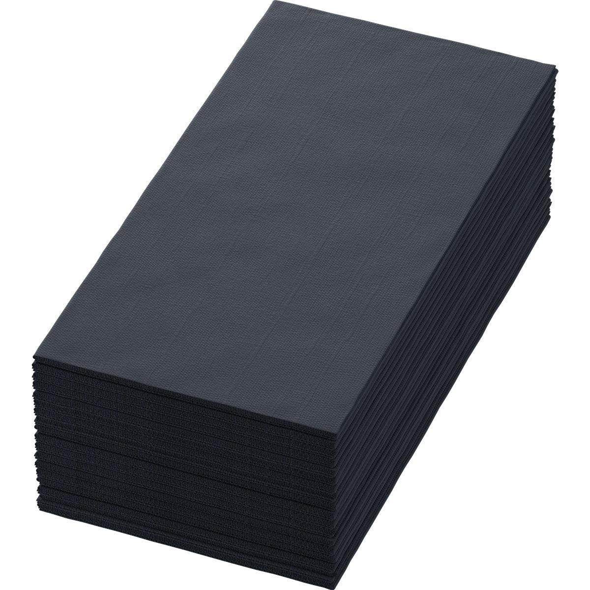Pino Duni GmbH Zellt.Serv.40x40 3lg 1/8 BF musta, korkealaatuiset mustat lautasliinat (40x40 cm, 3-kerroksinen, 250 kpl pakkaus), lepää siististi taitettuna ja käyttämättömänä valkoisella taustalla.