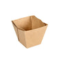 Yksi Viking Cube High 820 ml ruskea kartonki/PLA takeout-säiliö Duni GmbH:ltä (113x113x100 mm) 300-pakkauksesta on avattu ja tyhjä, esitetty valkoisella taustalla.