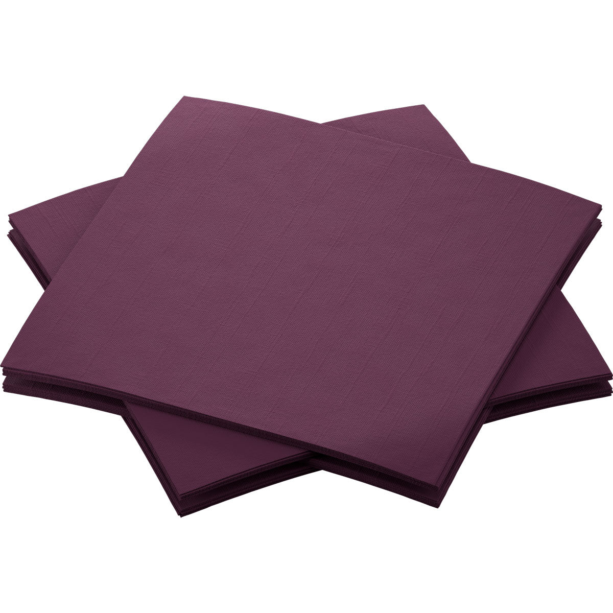 Neljä Bio-Dunisoft-lautasliinaa 20 x 20 cm Duni GmbH:ltä on järjestetty hieman päällekkäin valkoiselle taustalle - kestävä, tyylikäs ja elegantti ulkoasu.