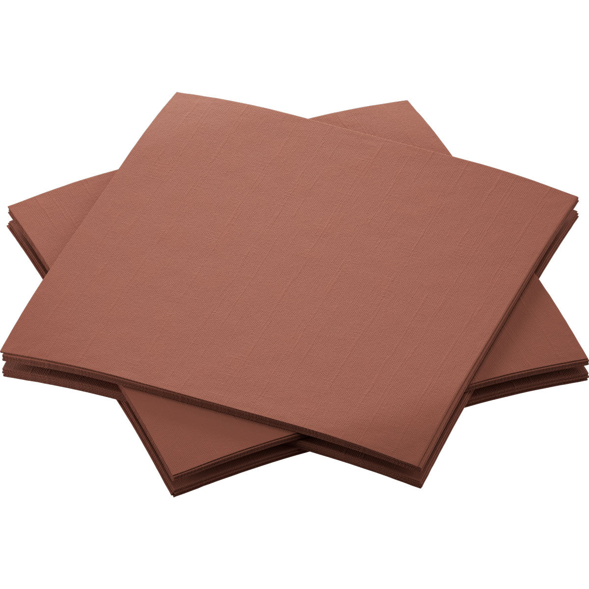 Neljä Bio-Dunisoft-lautasliinaa 20 x 20 cm Duni GmbH:n ruskeasta paperista on asetettu hieman päällekkäin valkoiselle taustalle. Kestävät lautasliinat ovat sileäpintaisia ja ympäristöystävällisiä.
