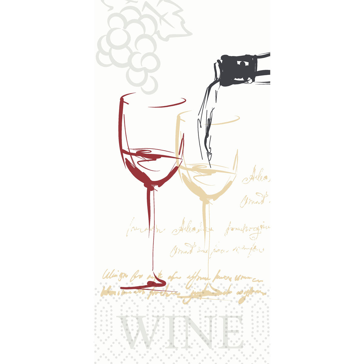 Eine Skizze von zwei Weingläsern, eines davon gefüllt, Trauben und Schriftmotive, sowie "WINE" am unteren Rand, ziert Duni GmbH Auslaufartikel Zellt.Serv. 33x33cm 2-lagig (300 Servietten/Packung).
