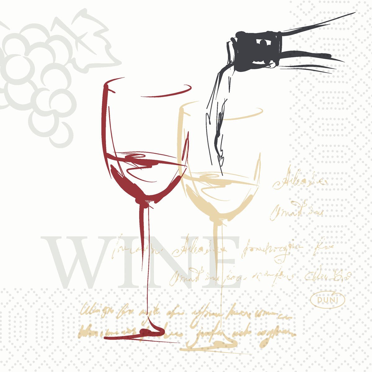 Ein stilisiertes Weinmotiv ziert die Duni GmbH 3lagig Zellt.-Servietten (24x24 cm, Packung mit 250), auf denen Wein in ein Glas gegossen wird, Trauben und eine handgeschriebene Schrift im Hintergrund.