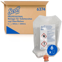 Eine Pappschachtel mit der Aufschrift "Scott® Reiniger für Toilettensitze und andere Oberflächen" von Kimberly-Clark GmbH mit einem transparenten 400ml Spenderbeutel vorne, Gefahrensymbolen und "6 x 400 ml" für die hygienische Reinigung.