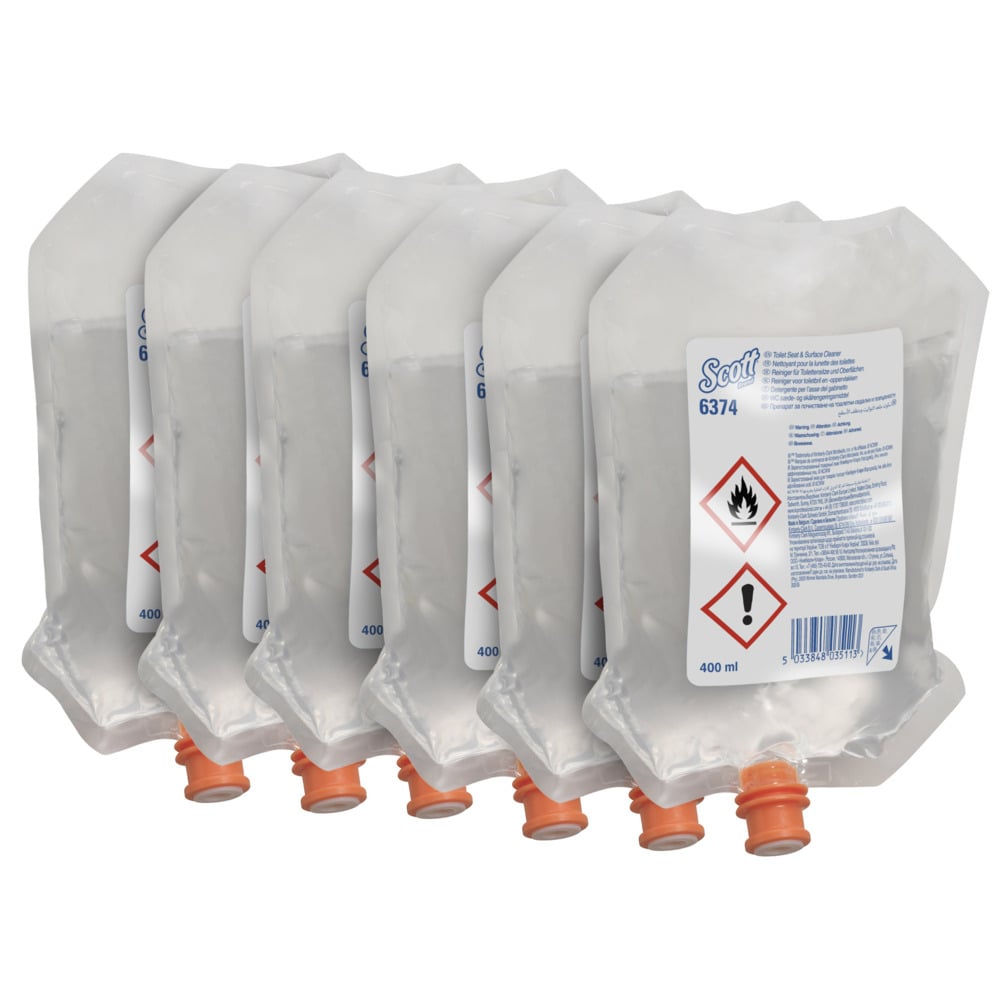 Sechs transparente 400 ml Scott® Reiniger für Toilettensitze und andere Oberflächen Spenderbeutel von Kimberly-Clark GmbH, jeweils mit orangefarbener Kappe und sicherheitsgekennzeichnetem weißem Aufkleber, sind übersichtlich in einem Karton mit 6 Beuteln angeordnet.