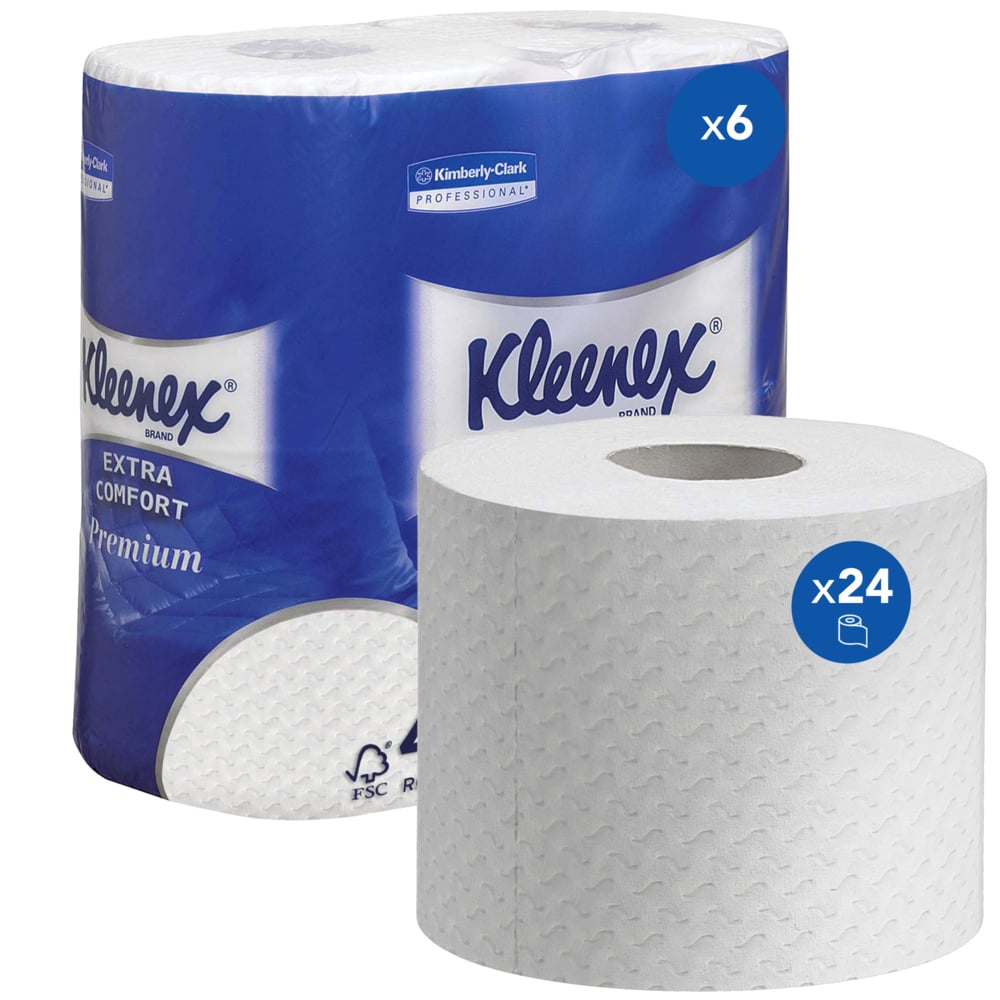 Yksi pakkaus Kimberly-Clark GmbH:n Kleenex® WC-paperia sisältää 6 pakkausta, joissa kussakin on 4 valkoista rullaa (160 arkkia/rulla); Premium-WC-paperi korkeimpaan mukavuuteen.