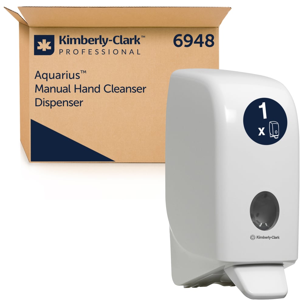 Kimberly-Clark GmbH:n Aquarius™-pesunesteannostelija, valkoinen, 1 litra, on esillä ruskean laatikon edessä, jossa on merkintä 6948. Hygieenisessä annostelijassa on pyöreä indikaattori etupuolella.