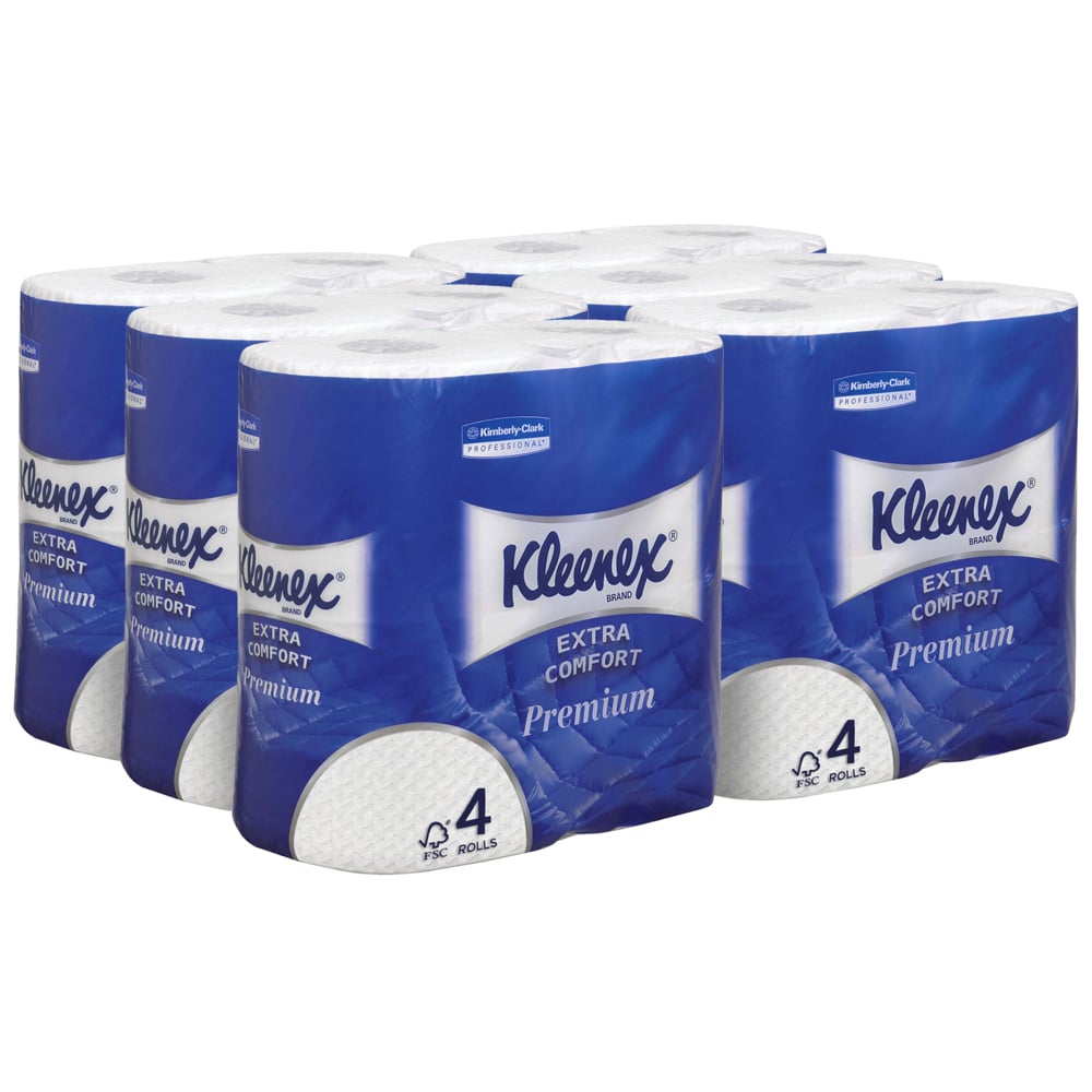 Kuusi pakkausta Kimberly-Clark GmbH:n Kleenex® WC-paperirullia, joissa kussakin on 4 pientä valkoista rullaa ja 160 arkkia per rulla, on järjestetty kahteen riviin. Sinivalkoinen laatikko esittelee selkeän tuotemerkkibrändäyksen etupuolella.