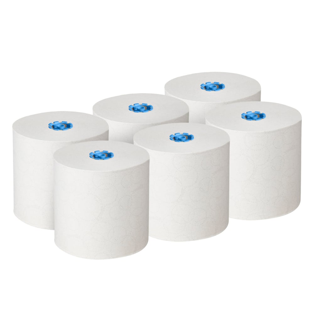 Kuusi valkoista Kleenex®-rullapyyhettä E-roll Large (1-kerroksinen, 6x250m) Kimberly-Clark GmbH:lta on asetettu kahteen riviin ja niissä on näkyvä sininen ydin - ihanteellinen hygieeniseen käsienkuivaukseen ja valmistettu kierrätyspaperista.