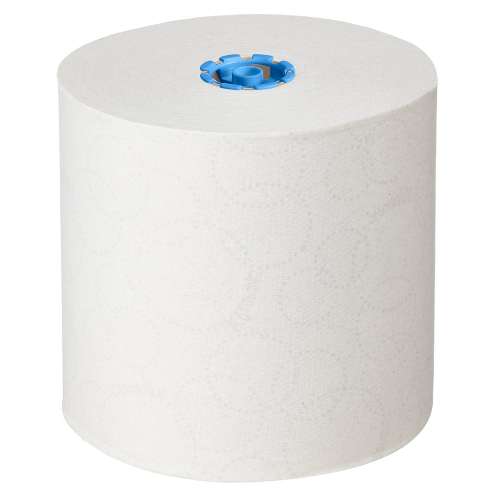 Kimberly-Clark GmbH:n suuri valkoinen Kleenex®-rullapyyhe - E-roll Large, 1-kerroksinen, 250m seisoo pystyasennossa sinisen ytimen kanssa valkoisella taustalla, ihanteellinen hygieeniseen käsienkuivaukseen. Laatikko sisältää 6 rullaa.