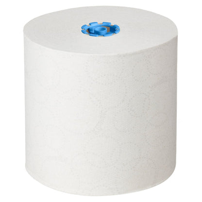 Kimberly-Clark GmbH:n suuri valkoinen Kleenex®-rullapyyhe - E-roll Large, 1-kerroksinen, 250m seisoo pystyasennossa sinisen ytimen kanssa valkoisella taustalla, ihanteellinen hygieeniseen käsienkuivaukseen. Laatikko sisältää 6 rullaa.