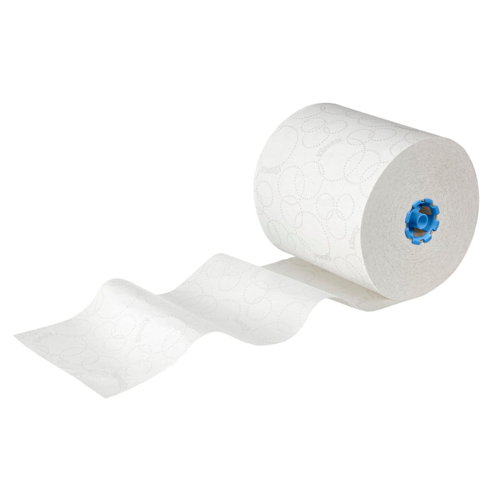 Suuri valkoinen Kleenex® Ultra™ -rullapyyhe (2-kerroksinen, E-rulla Large, 6x200m) Kimberly-Clark GmbH:ltä sinisellä ytimellä, osittain rullattu valkoiselle alustalle - ihanteellinen hygieeninen pyyheratkaisu päivittäiseen käyttöön. Laatikko: 6 rullaa.