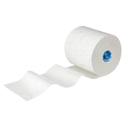 Suuri valkoinen Kleenex® Ultra™ -rullapyyhe (2-kerroksinen, E-rulla Large, 6x200m) Kimberly-Clark GmbH:ltä sinisellä ytimellä, osittain rullattu valkoiselle alustalle - ihanteellinen hygieeninen pyyheratkaisu päivittäiseen käyttöön. Laatikko: 6 rullaa.