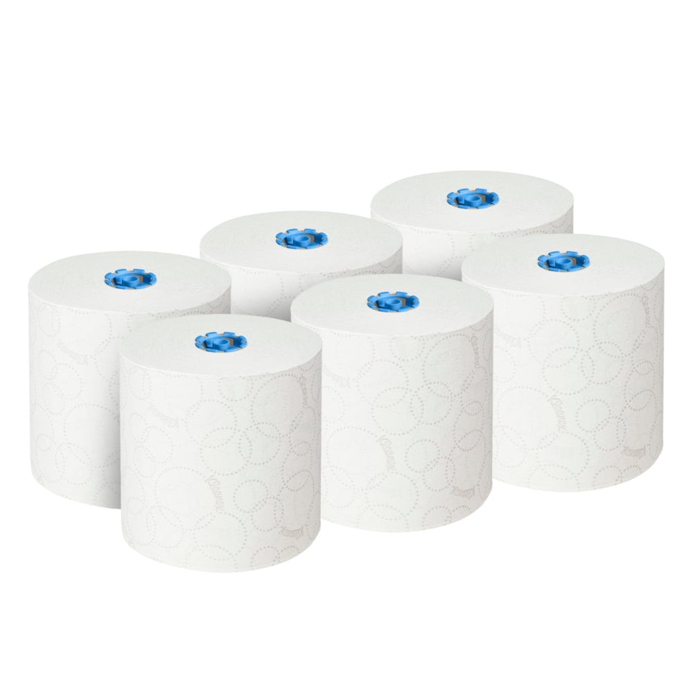 Kuusi suurta valkoista Kleenex® Ultra™ -rullapyyhettä (2-kerroksinen, 6x200m) Kimberly-Clark GmbH:ltä, jokaisessa sininen muoviydin ja hillittyjä ympyräkuvioita, aseteltuna kahteen kolmen riviin yksiväriselle valkoiselle taustalle.
