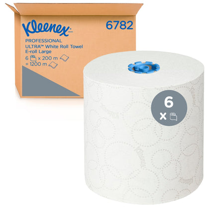 Suuri valkoinen Kleenex® Ultra™ -rullapyyhe (2-kerroksinen, 200m per rulla) Kimberly-Clark GmbH:ltä on "6782"-laatikon edessä. Symboli osoittaa, että pakkauksessa on 6 hygienia-rullaa (E-rulla Large, Valkoinen) per laatikko.