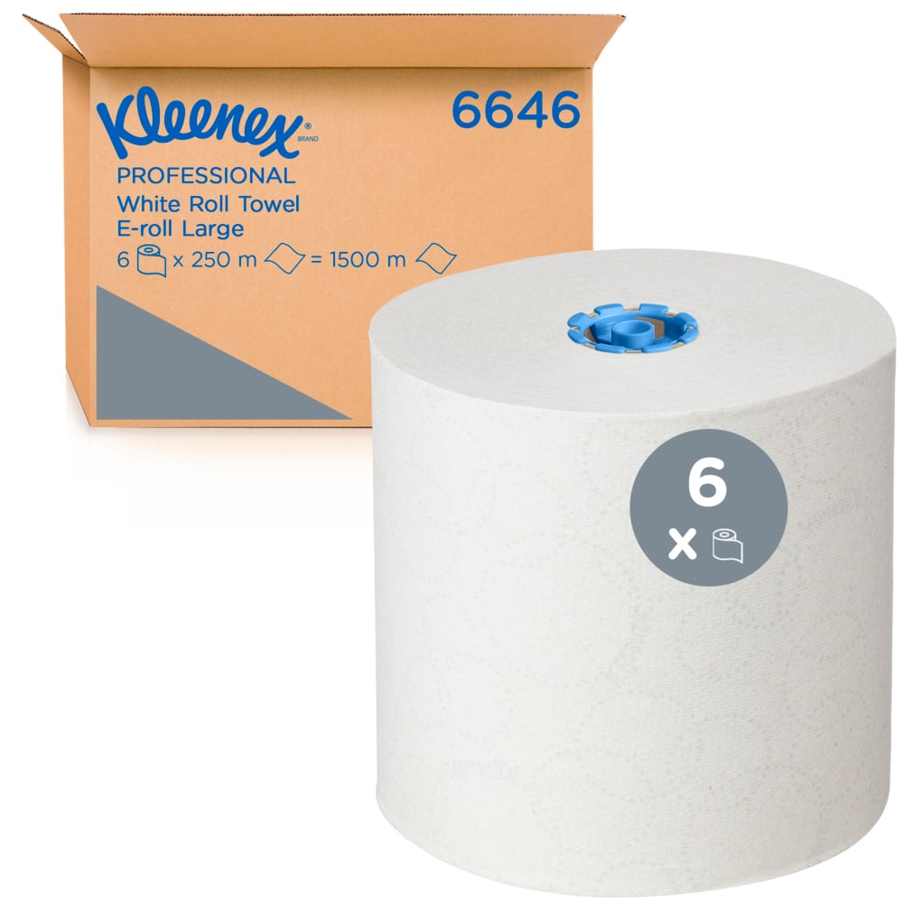 Kimberly-Clark GmbH:n suuri valkoinen Kleenex®-rullapyyherulla näytetään laatikon edessä, jossa on merkintä "6646" ja joka sisältää 6 hygieenistä 1-kerroksista rullaa, joiden pituus on 250 m (yhteensä 1500 m), E-rulla Large, valkoinen.