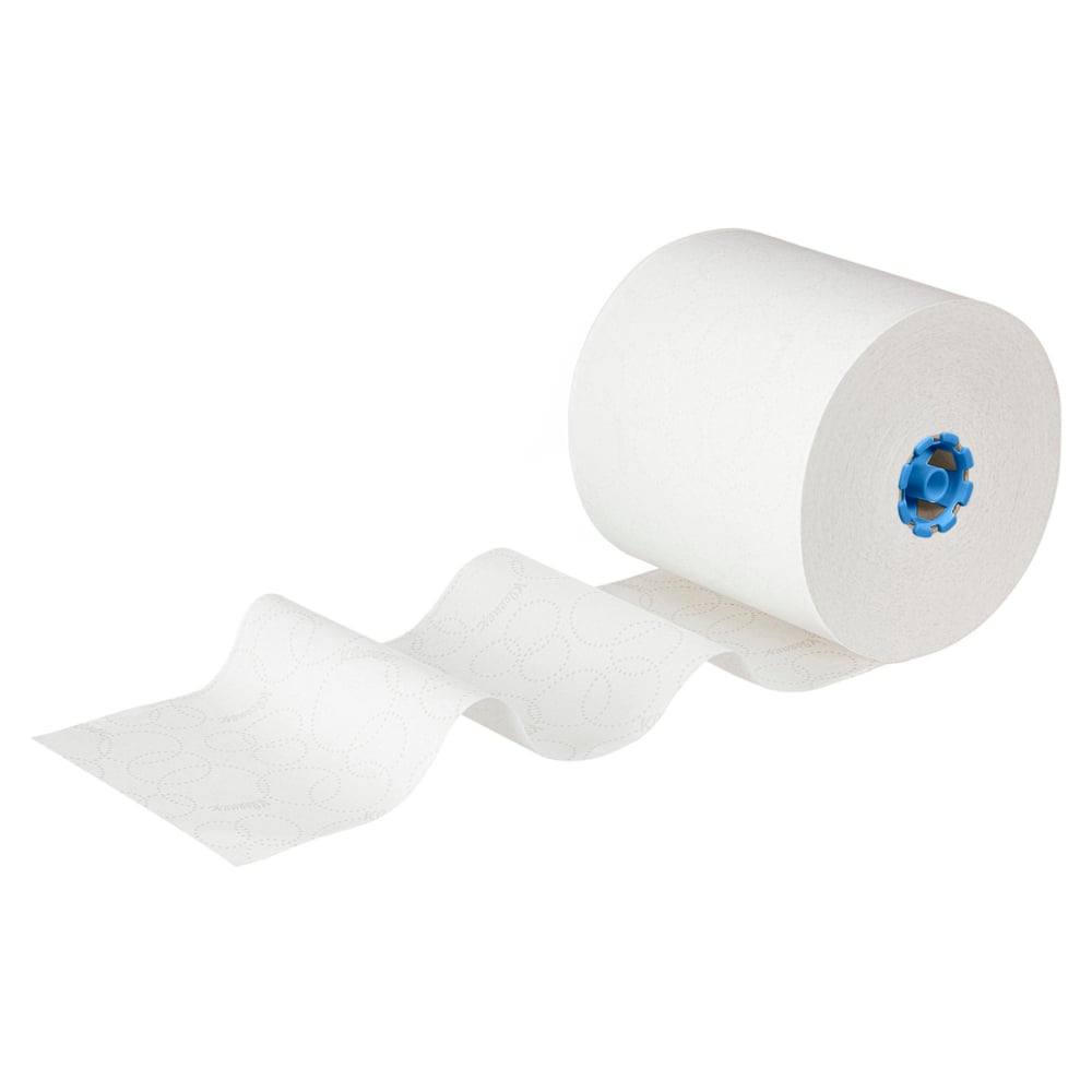 Kimberly-Clark GmbH:n Kleenex®-rullapyyhkeet E-roll Large, 1-kerroksinen valkoinen, 6x250m rullaa per laatikko, on osittain avattu näyttämään niiden kuvioitu rakenne - täydellinen hygieeniseen käsienkuivaukseen - valkoisella taustalla.