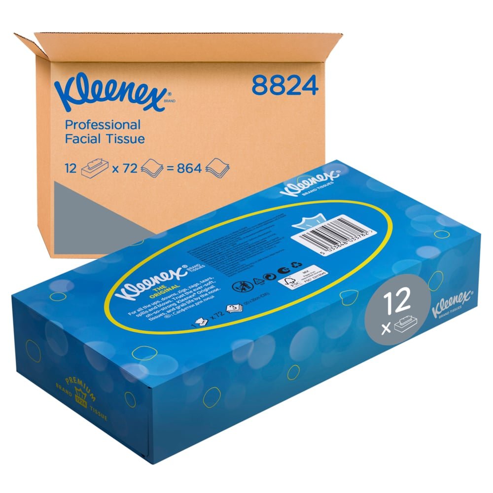 Valkoinen Kleenex®-kosmetiikkaliinojen laatikko - Standard Kimberly-Clark GmbH:lta on kuvattuna "12 x"-etiketillä ruskean laatikon edessä, jossa lukee "Kleenex Professional Facial Tissue 8824, 12 x 72 = 864".
