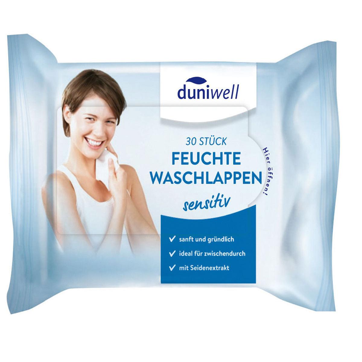 Eine Packung mit 30 Duni GmbH Feuchte Waschlappen, weiß - Ideal für die Hautpflege. Die Verpackung zeigt eine lächelnde Frau und deutsche Angaben zu Reinigung und Pflege, sanfte Anwendung, und Seiden-Extrakt.