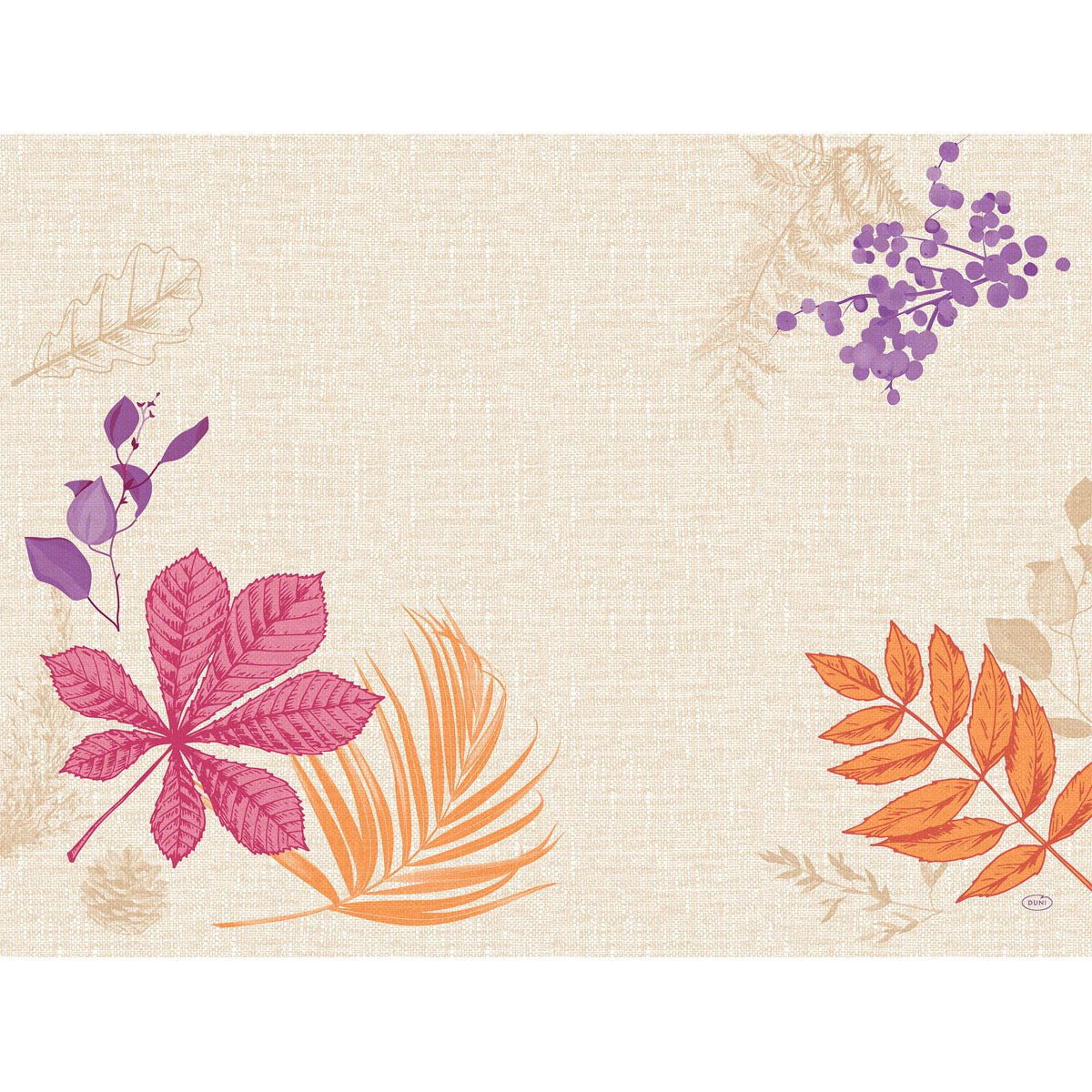 Beige rakenteinen paperinen pöytätabletti 30x40cm Brigth Autumn Duni GmbH:lta - vaaleanpunaiset, oranssit ja violetit lehdet violettien marjojen kanssa koristavat reunoja ja jättävät keskelle ja oikealle ylös tyhjää tilaa; ihanteellinen syksyiseen pöytäkoristeluun. Pakkaus: 250 kappaletta.