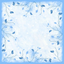 Die Dunicel-Mitteldecke 84x84cm Frosted Winter von Duni GmbH kommt in sanften Blautönen mit zarten Zweigen, blauen Blättern und verstreuten weißen Federn und Punkten für einen heiteren Winterlook. Packung: 20 Stück.