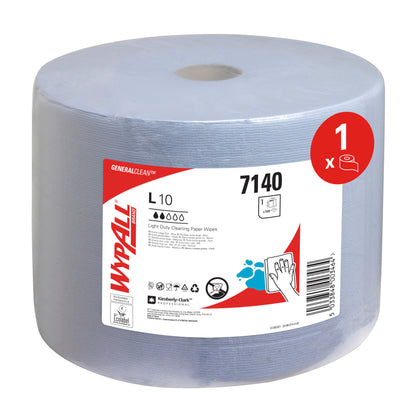 Die blaue WypAll® L10 EXTRA Wischtücher Großrolle von Kimberly-Clark GmbH (1 Rolle, 1500 Blatt, Karton) verfügt über ein zentrales Loch zur einfachen Entnahme, ist mit dem Modell 7140 gekennzeichnet und enthält ein Symbol, das eine Rolle anzeigt.