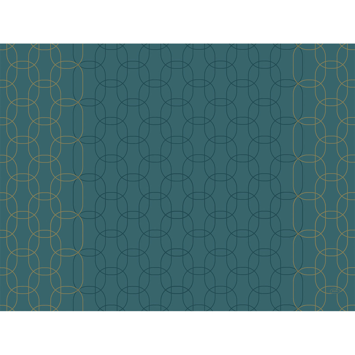 Ein tealfarbener Hintergrund mit überlappenden dünnen goldenen und dunkelblauen geschwungenen Linien erzeugt einen eleganten abstrakten Look. Goldene Deko-Akzente verzieren die Seiten - perfekt für Duni GmbH Papier-Tischsets 30x40 cm mit goldenem Dekor (250 Stück).