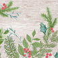 Akvarellimainen talvivihreä mäntyineen, orjanlaakereineen, kuusenhavuineen ja punaisine marjoineen vaalealla puutaustalla. Ihanteellinen Duni GmbH:n 40x40 3-kerroksisille 1/4 Winter Greenery -lautasliinoille (pakkaus 250 kappaletta) suunnitteluun.