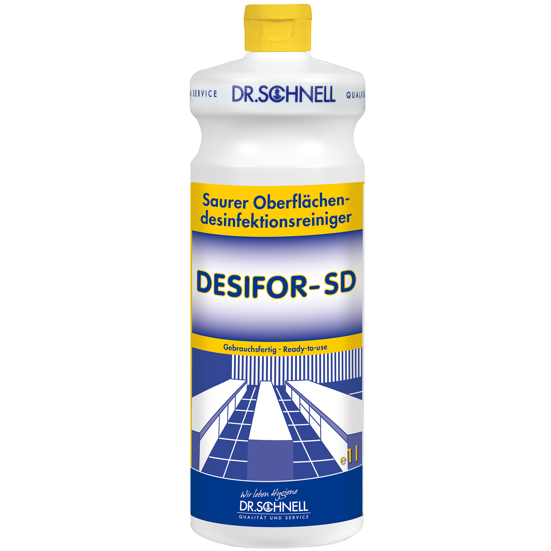 Eine Flasche der Dr. Schnell DESIFOR-SD Flächendesinfektion der DR.SCHNELL GmbH & Co. KGaA, ein Flächendesinfektionsmittel mit gelber Kappe und blau-gelbem Etikett mit Produktangaben und Tischen und Stühlen zur effektiven Flächenreinigung.