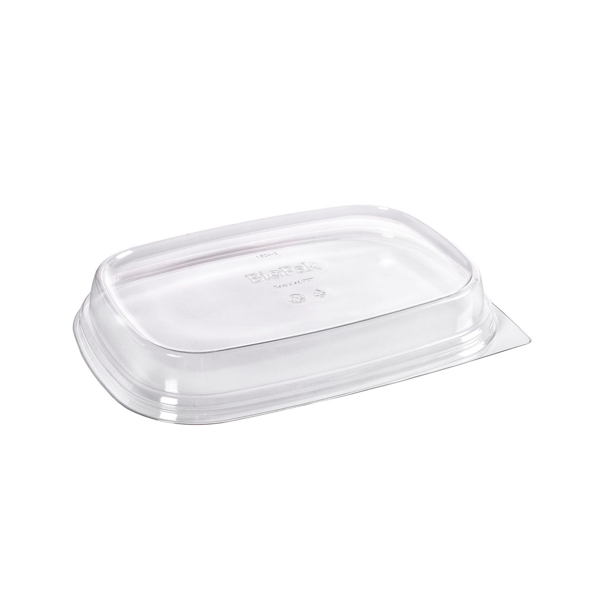 Duni GmbH:n rPET-kansi Cube 800/1200/400/500 ml Läpinäkyvä (258x179x35) on kuvattu ylösalaisin valkoisella taustalla, kohotetuilla reunoilla ja keskellä kohokuvioidulla tekstillä, mikä korostaa sen käyttöä kestävissä pakkauksissa.