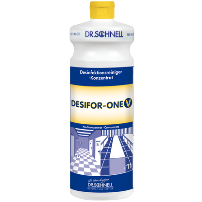 Eine weiße Kunststoffflasche Dr. Schnell DESIFOR-ONE V Flächendesinfektion der DR.SCHNELL GmbH & Co. KGaA, mit gelber Kappe und blau-weißem Etikett mit deutscher Aufschrift, ideal für die Flächendesinfektion in Hygienebereichen.