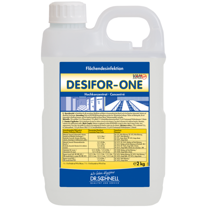 2 kg muovisäiliö Dr. Schnell Desifor-One pintadesinfiointi, rajoitetusti viruksia tappava PLUS DR.SCHNELL GmbH & Co. KGaA:lta, valkoisella kannella ja kahvalla. Etiketissä etupuolella on tietoja, ohjeita ja annosteluohjeita saksaksi.