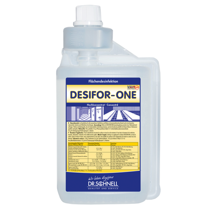 Läpinäkyvä 5L-pullo, jossa on merkintä "Dr. Schnell Desifor-One pintadesinfiointi, rajoitetusti viruksia tappava PLUS" DR.SCHNELL GmbH & Co. KGaA:lta, sinisillä/keltaisilla korostuksilla, saksankielisillä käyttöohjeilla, sisäänrakennetulla mittakammalla ja valkoisella korkilla.