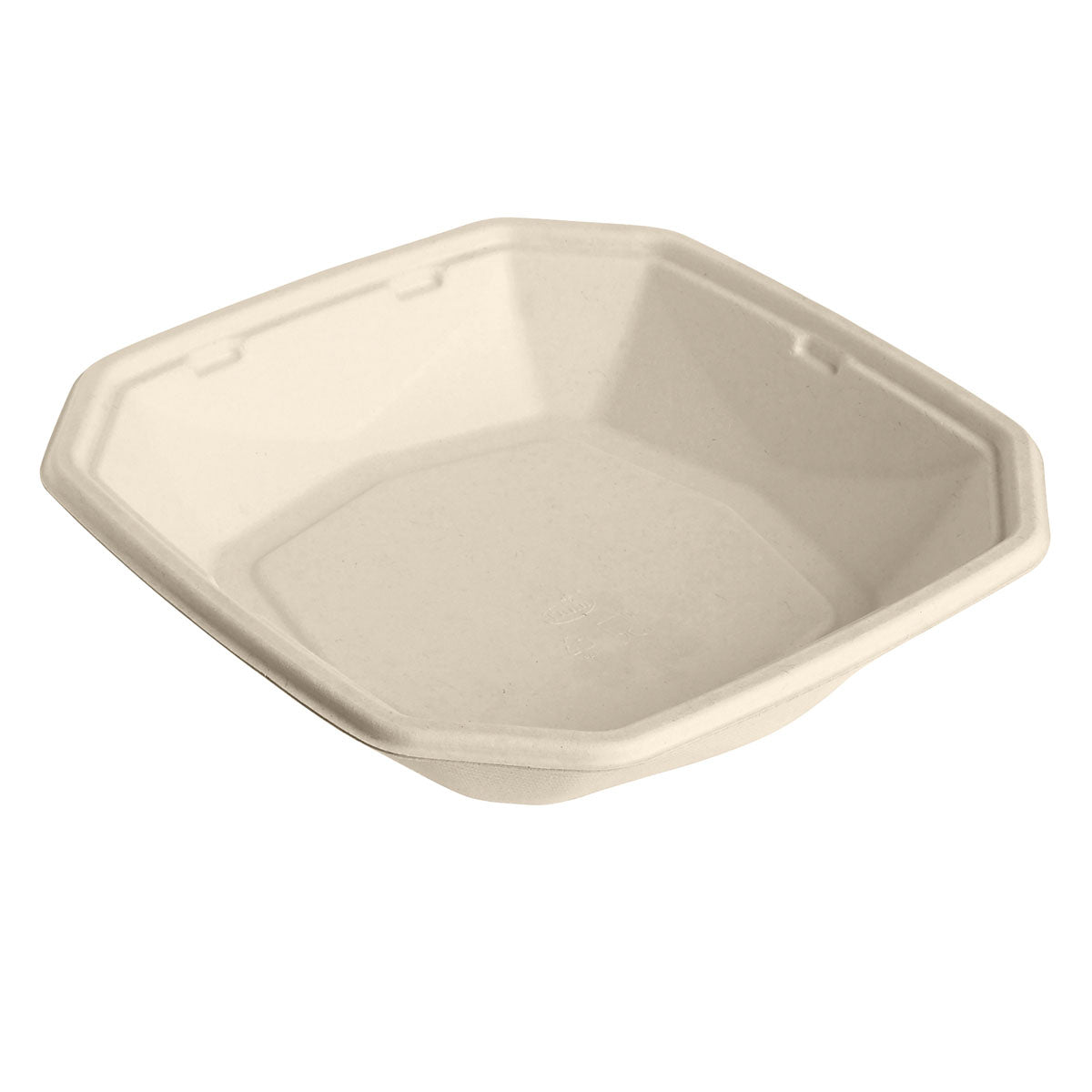 Ruskea, neliönmuotoinen Octabagasse-kulho 1000 ml Duni GmbH:ltä (224x224x42mm), pinnoittamaton ja biologisesti hajoava, valmistettu ympäristöystävällisestä bagassista; 50 kappaleen pakkaus - valokuvattu valkoisella taustalla.