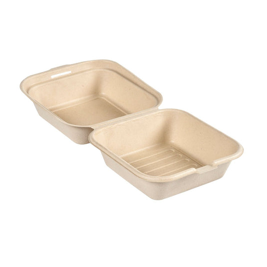 Duni GmbH:n Clamshell 475 ml – päällystämätön, ruskea, bagassista valmistettu 155x155x80 (50 kpl:n pakkaus) on biohajoava, ruskehtava muotoonvalmistettu kuitupohjainen takeaway-astia – ympäristöystävällinen pakkaus aterioillesi.