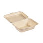Clamshell 530 ml - päällystämätön ruskea bagassi 181x130x62 Duni GmbH:ltä näytetään auki kannella ja tyhjällä sisätilalla - kestävä pakkaus muotoon puristetusta bagassista on biohajoava. Pakkaus sisältää 50 kappaletta.