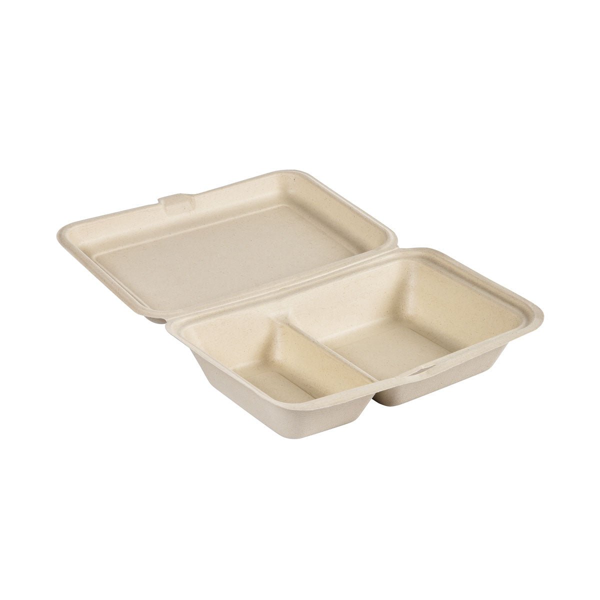 Yksi Clamshell 470/300 ml - päällystämätön 2 ruskea bagassipakkaus (255x170x65 mm) Duni GmbH:lta, valmistettu kestävästä elintarvikepakkauksesta, sisältää kaksi osastoa saranakannella ja on kuvattu avoinna valkoisella taustalla. Pakkaus: 50 kappaletta.