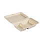 Yksi Clamshell 470/300 ml - päällystämätön 2 ruskea bagassipakkaus (255x170x65 mm) Duni GmbH:lta, valmistettu kestävästä elintarvikepakkauksesta, sisältää kaksi osastoa saranakannella ja on kuvattu avoinna valkoisella taustalla. Pakkaus: 50 kappaletta.