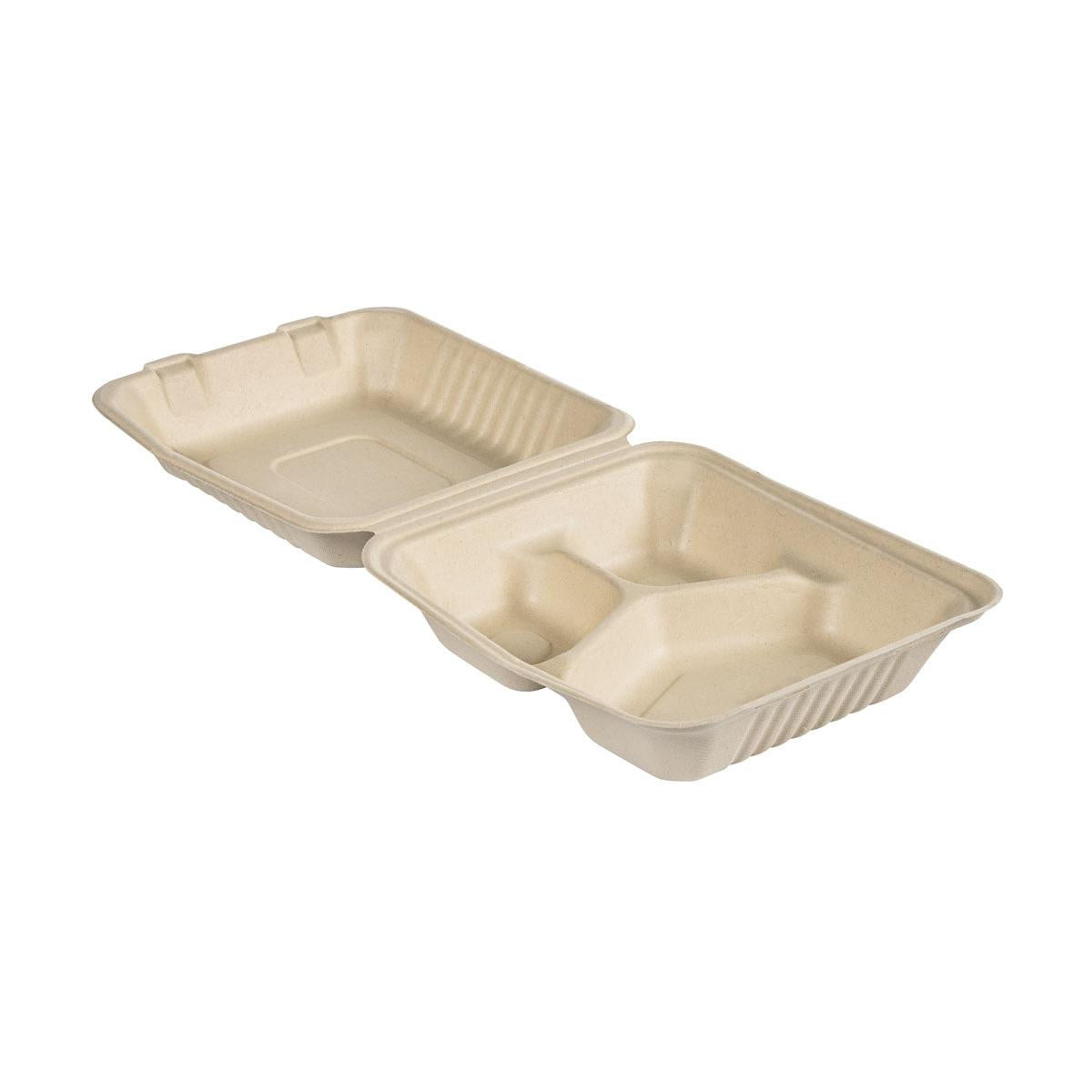 Die Clamshell 325/70/60 ml von Duni GmbH ist eine braune, unbeschichtete Bagasse-Box (225x201x85 mm) mit drei Bodenfächern und Klappdeckel, ideal als umweltfreundlicher Takeout-Behälter. Verpackungseinheit: 50 Stück.