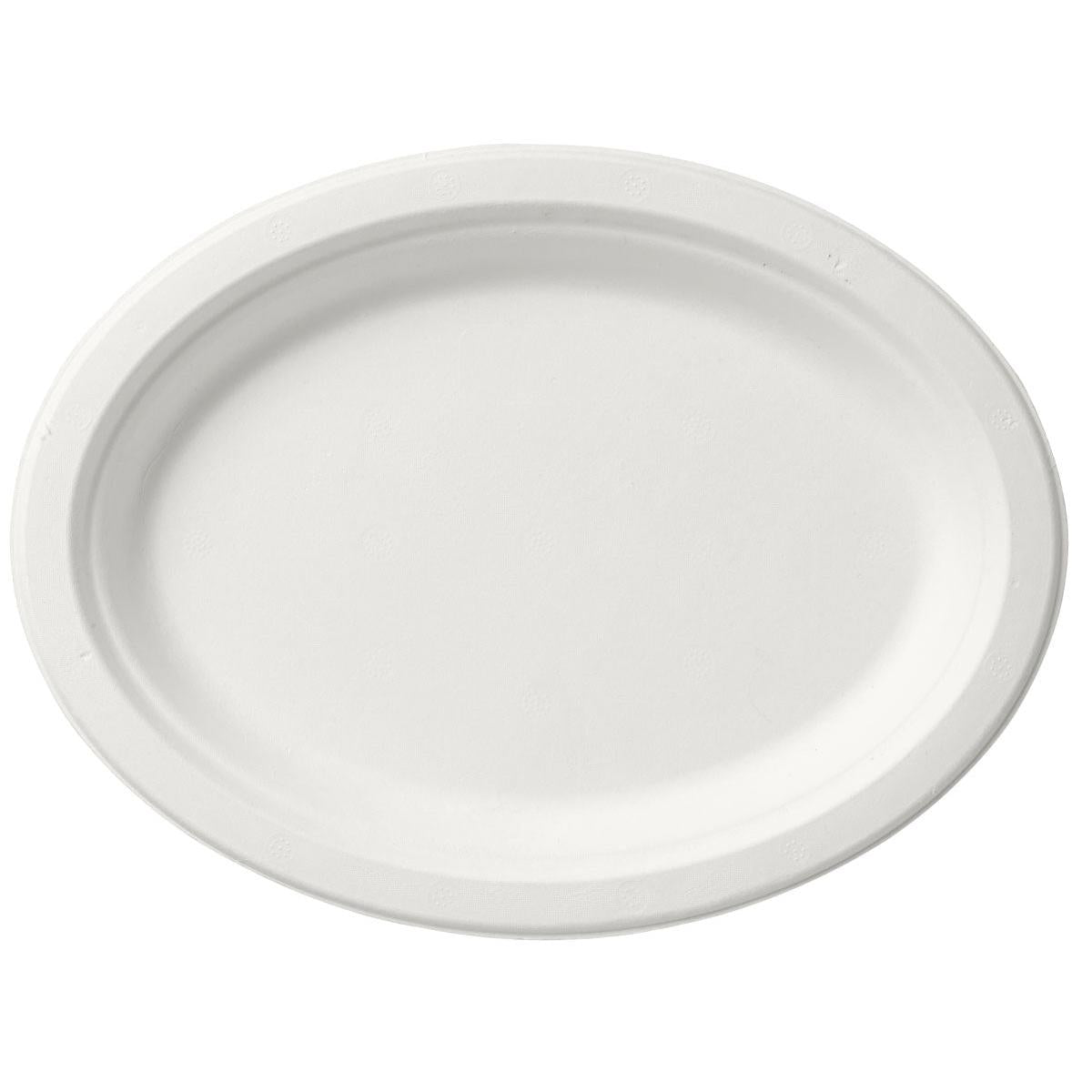 Dunin GmbH:n päällystämätön, valkoinen lautanen "Teller oval 26 cm Weiss" (Bagasse, 260x200x20 mm) valkoisella taustalla ylhäältä katsottuna - tyhjä, ympäristöystävällinen ja täydellinen kestävästi katettuun pöytään. Pakkaus: 125 kappaletta.