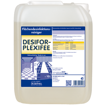 10 litran muovisäiliö DR.SCHNELL Desifor PlexiFee pintojen desinfiointiaine, rajoitetusti viruksia tappava PLUS, sinivalkoisella etiketillä, joka sisältää tuotetiedot, käyttöohjeet ja turvallisuusvaroitukset.