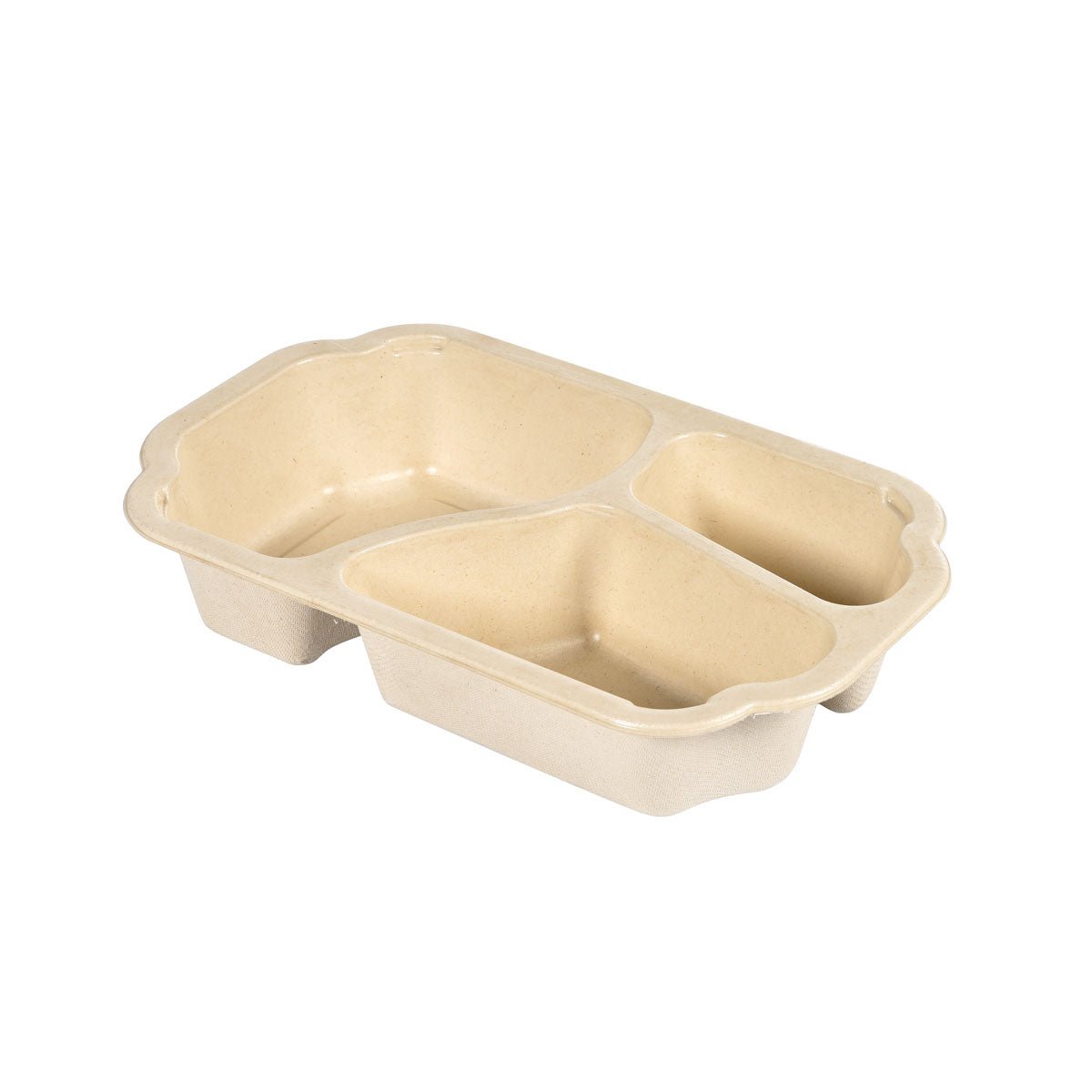 Duni GmbH:n Tray Take-Away Fibre 3-comp 3 Natur (Bagasse, päällystetty, 250x159x48 mm) - ympäristöystävällinen, biohajoava ja ihanteellinen take-away-ruokaan, näytetään tässä tyhjänä valkoisella taustalla. Pakkaus sisältää 225 kappaletta.