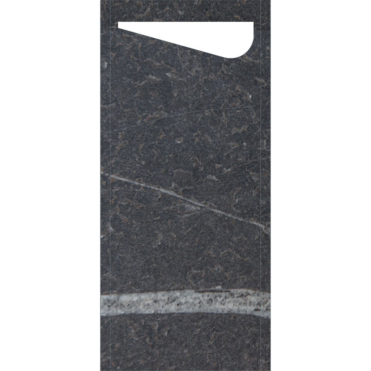 Duni GmbH:n SACCHETTO-marmorilevy, musta, 190x85 mm, on suorakulmainen, korkealaatuinen marmorilevy, joka on valmistettu tummasta kivestä ja jossa on hillitty, vaalea kuvio alaosassa sekä kaareva aukko oikeassa yläkulmassa; pakkaus sisältää 100 kappaletta.