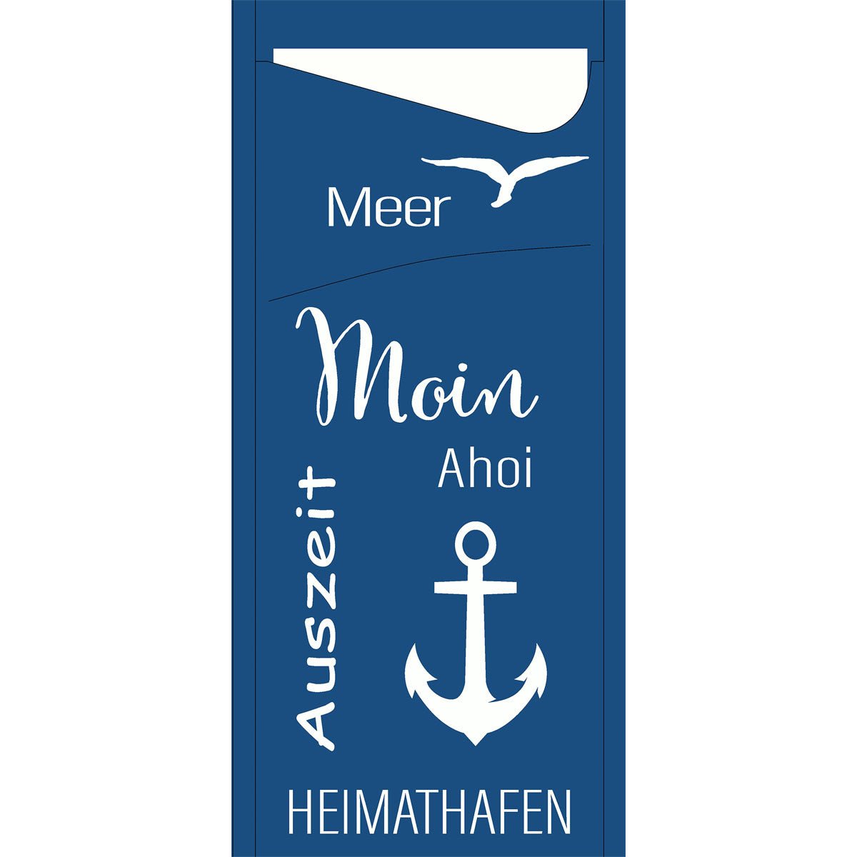Sininen, suorakulmainen kyltti, jossa on valkoinen teksti kuten "Meer", "Moin" ja "Auszeit", sekä lokki ja ankkuri - täydellinen rantaloman tunnelmaan. Sopii erinomaisesti SACCHETTO 190x85 mm - Meer Freude Duni GmbH:lta, saatavana myös pakkauksena (100 kappaletta).