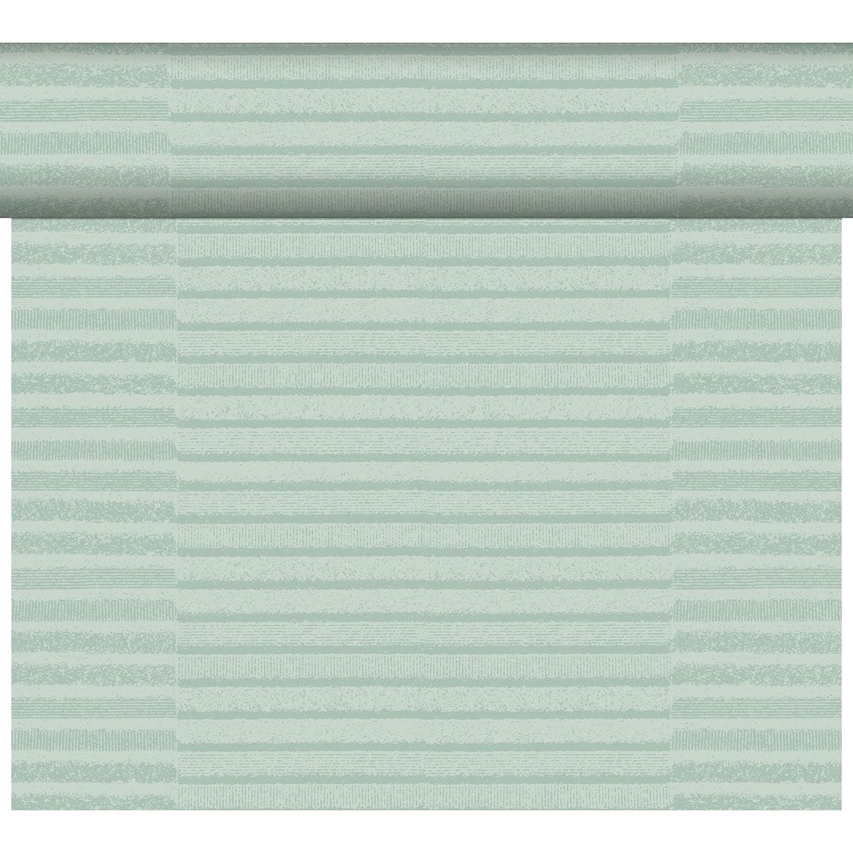Der DC-Tete a Tete 0,4x24m Tessuto mint Tischläufer von Duni GmbH hat eine mintgrüne Farbe mit horizontalen Streifen in verschiedenen Texturen und Schattierungen, inspiriert von hochwertigem Stoff für einen subtilen, geschichteten Effekt. Die Packung enthält 1 Stück.