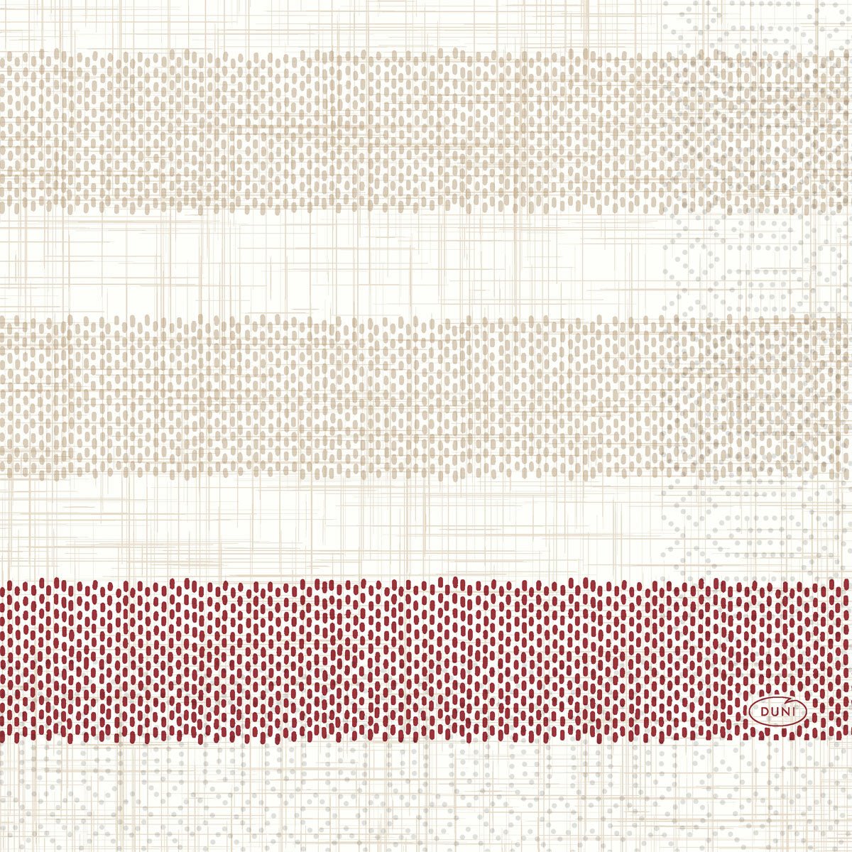 Duni GmbH Zellt.-Serv.33 3lg 1/4 Rigato bordeaux lautasliinoissa on kolme vaakasuoraa raitaa, joissa on pieniä, tasaisesti jakautuneita pisteitä - kaksi beigeä, yksi bordeaux - heikoilla ruudukkolinjoilla ja pienellä punaisella "DUNI"-soikiolla oikeassa alakulmassa. Pakkaus sisältää 250 kappaletta.