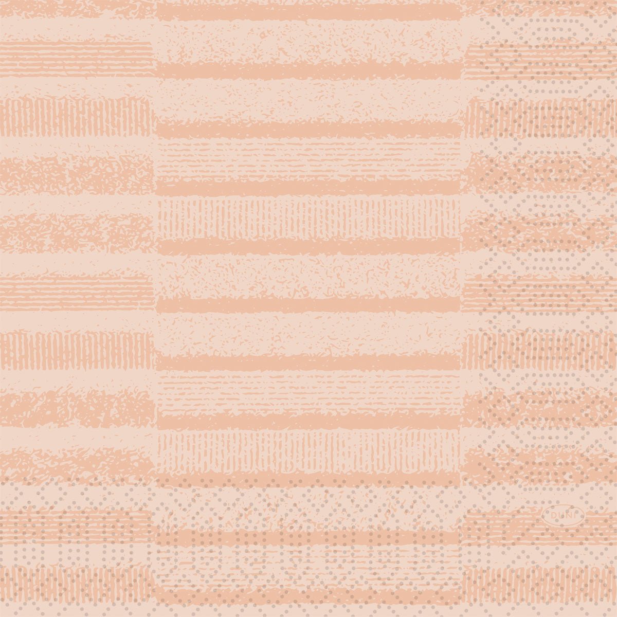 Duni GmbH:n Zellt.-Serv.33 3lg 1/4 Tessuto staubrosa -lautasliina esittelee geometrisen kuvion, jossa on strukturoituja viivoja, pisteitä ja muotoja vaalean persikan ja beigen sävyissä - täydellinen eleganttiin pöydän kattaukseen. Pakkaus sisältää 250 korkealaatuista lautasliinaa.